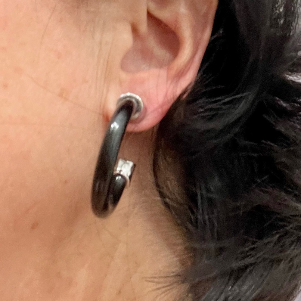 Black and Silver Hoop Earrings - Picture 8 of 16